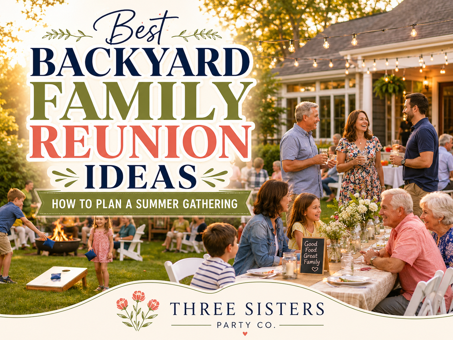 Multi generational family enjoying a backyard summer reunion with cornhole, string lights, and a long dining table