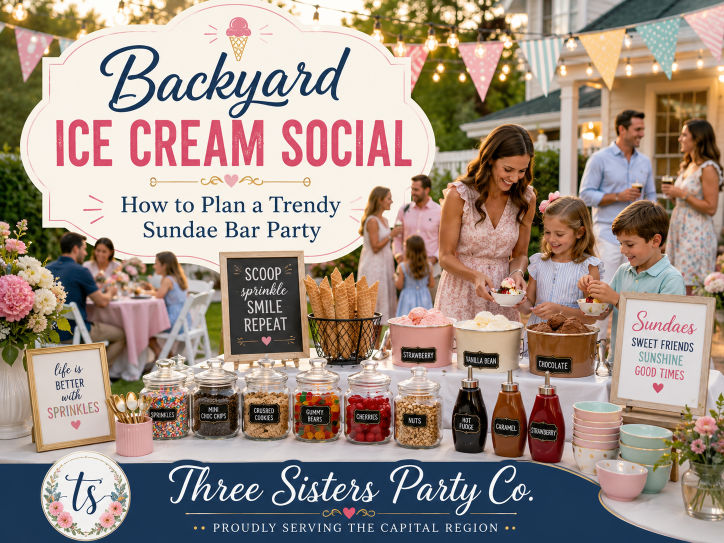 Backyard ice cream social with a build-your-own sundae bar featuring toppings, sauces, and ice cream tubs on a decorated table