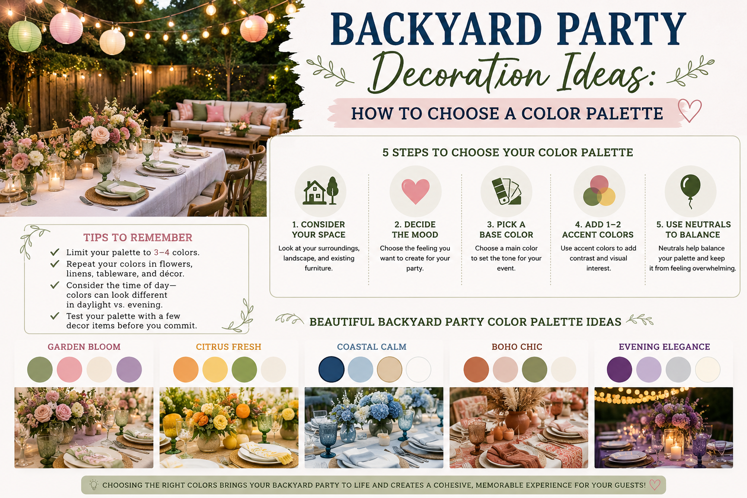 Backyard party decoration ideas infographic with 5 steps to choose a color palette and palette examples including Garden Bloom, Citrus Fresh, Coastal Calm, Boho Chic, and Evening Elegance