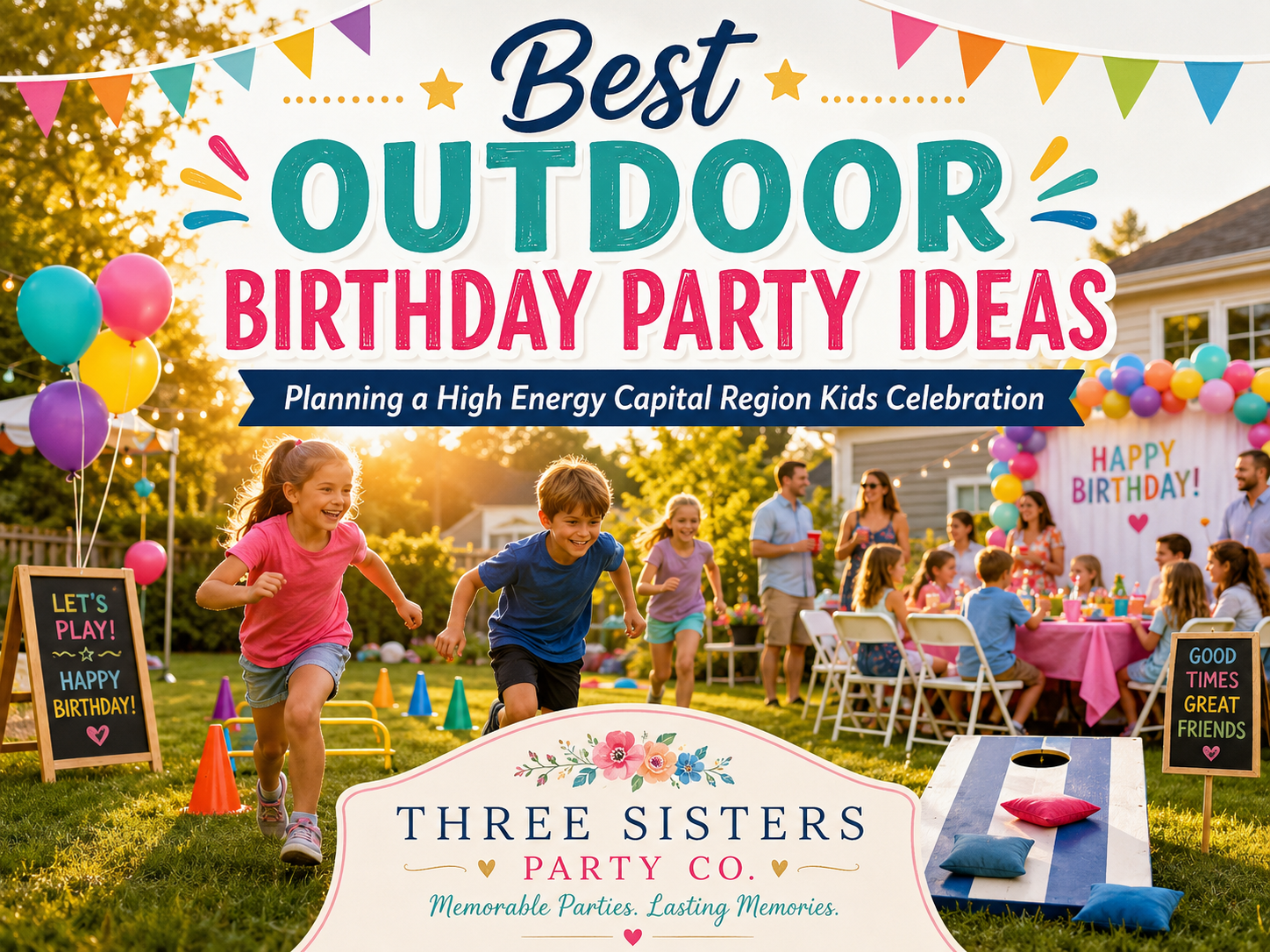 Kids running and playing at an outdoor backyard birthday party in the Capital Region with balloons, cornhole, and a Happy Birthday banner