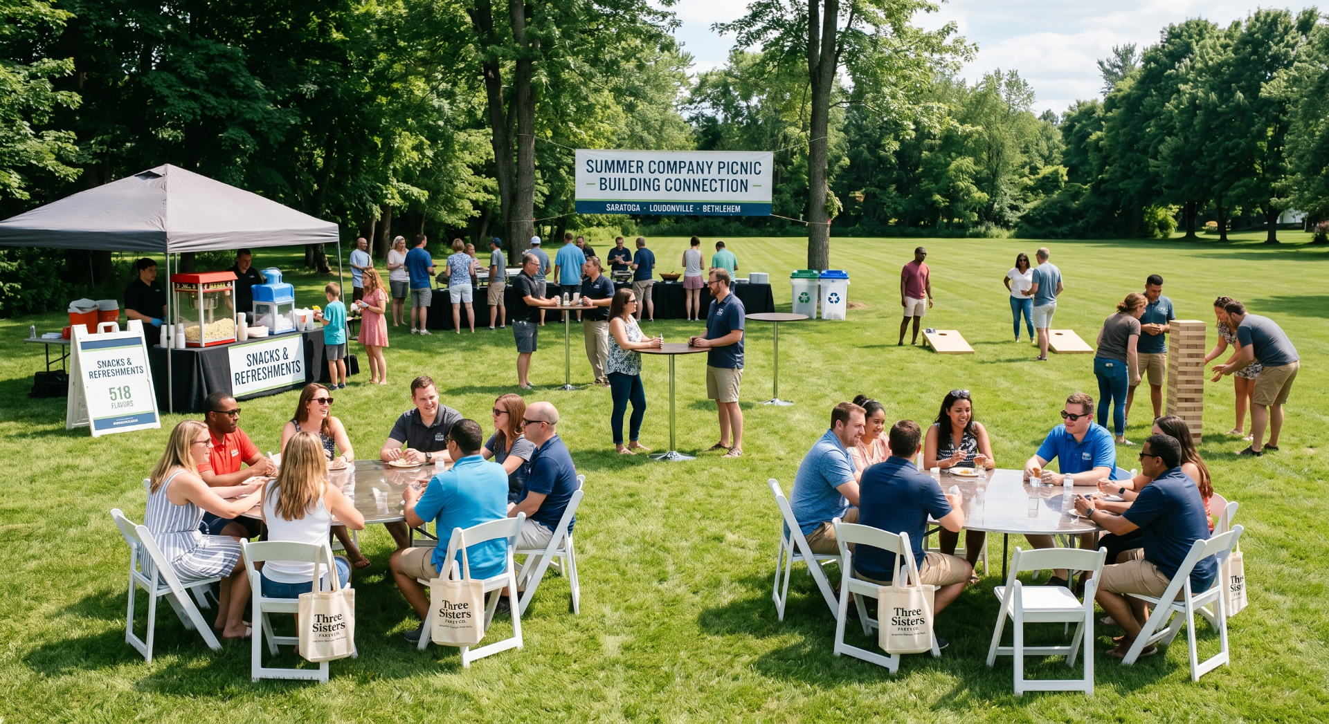 Capital Region corporate summer company picnic with team building games, snack station, and Three Sisters Party Co tables and chairs