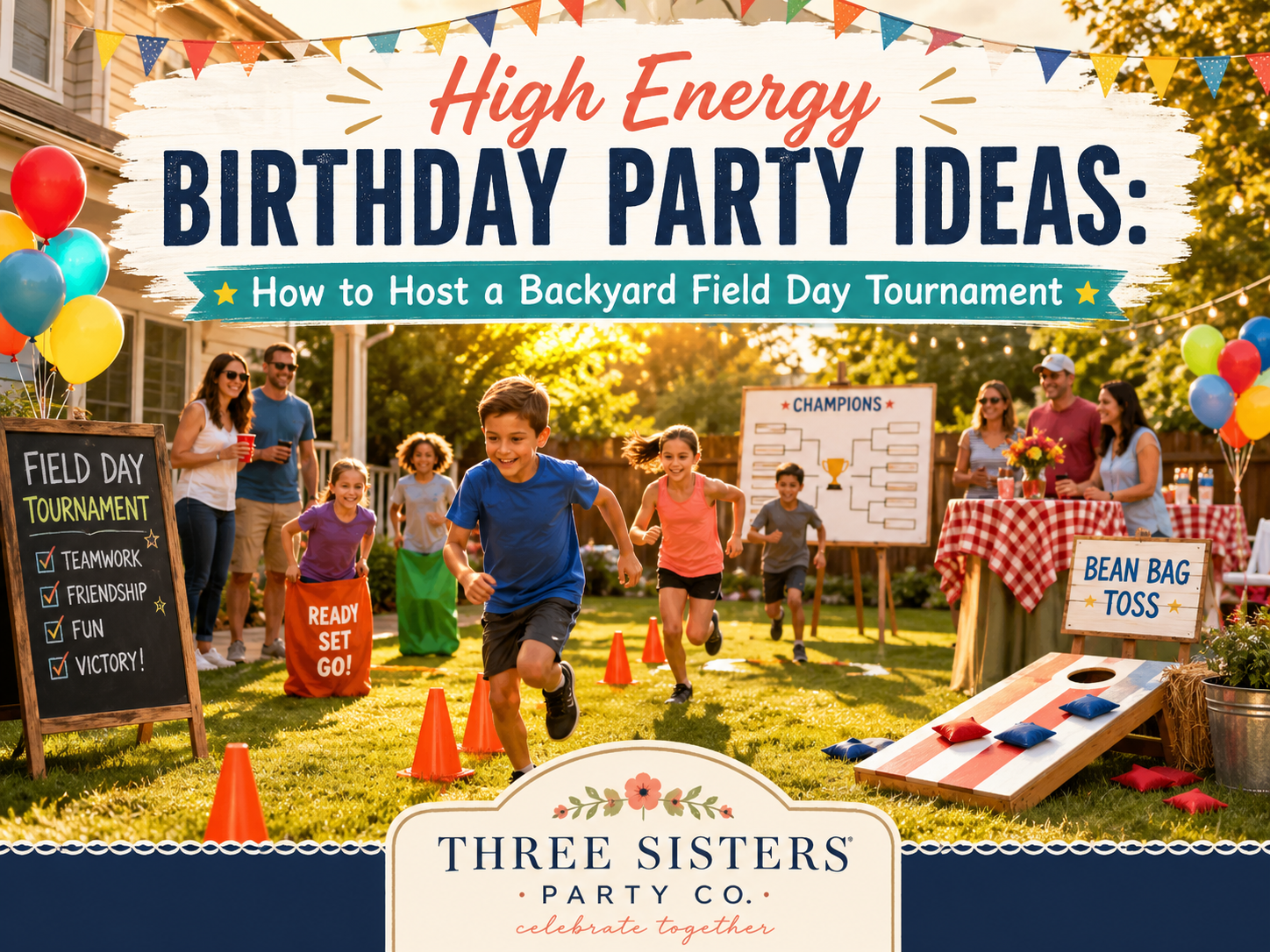 Kids racing through a backyard field day tournament with cones, sack race, bean bag toss, and champions bracket board