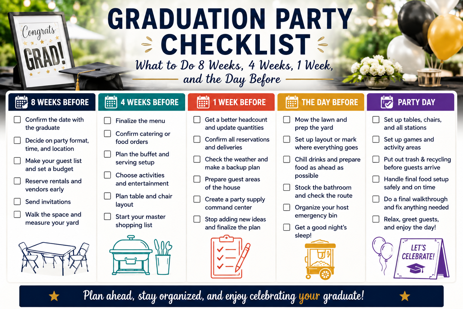 Graduation party checklist showing what to do 8 weeks, 4 weeks, 1 week, the day before, and on party day, with a grad cap, congrats sign, and balloons