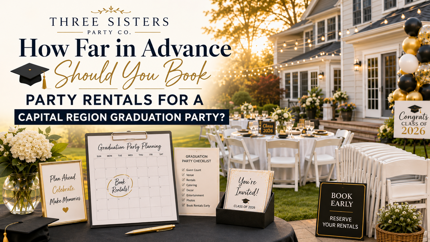 Backyard graduation party setup with a planning calendar, checklist, and white folding chairs in front of a house decorated with string lights and black and gold balloons