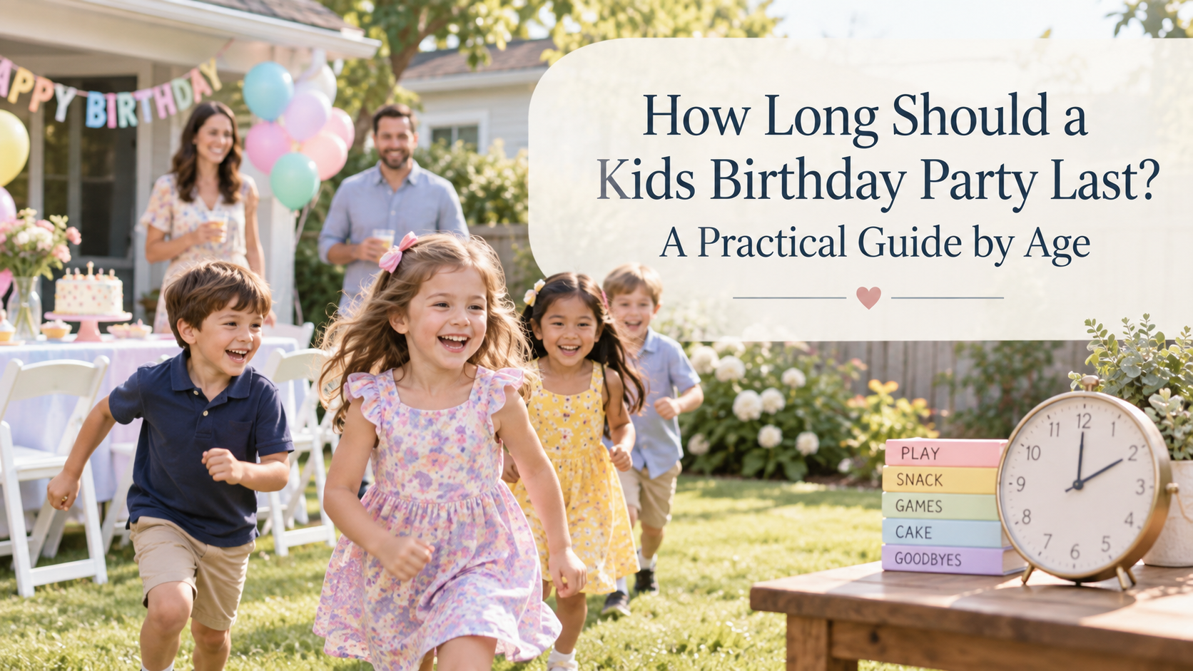 Children enjoying a backyard birthday party with a party schedule and clock