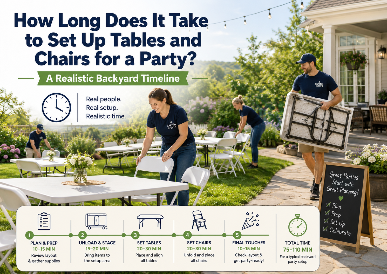Timeline infographic showing a backyard party setup in five steps: plan and prep, unload and stage, set tables, set chairs, and final touches, totaling 75 to 110 minutes