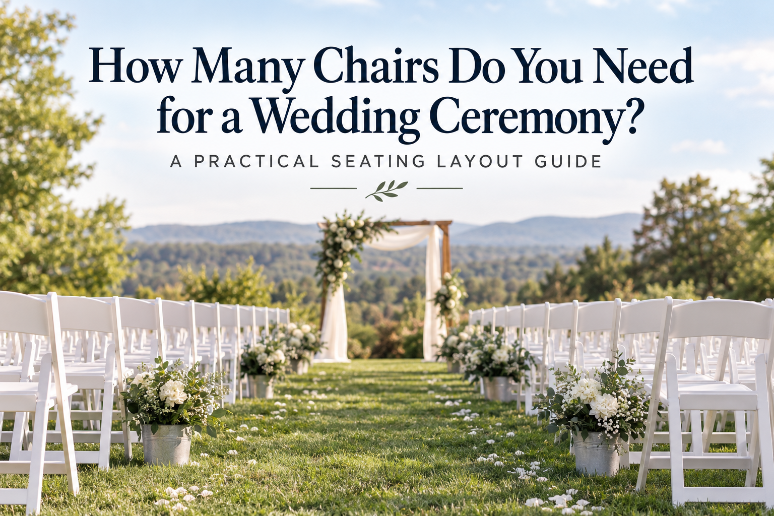 Outdoor wedding ceremony with rows of white chairs on each side of a grass aisle facing a floral arch