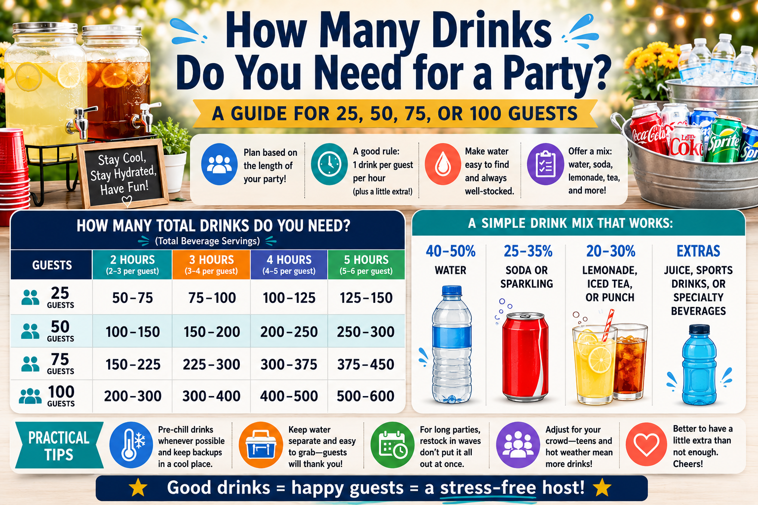 Infographic showing how many drinks to buy for 25, 50, 75, or 100 guests with water, soda, and lemonade percentages and practical tips for outdoor parties.
