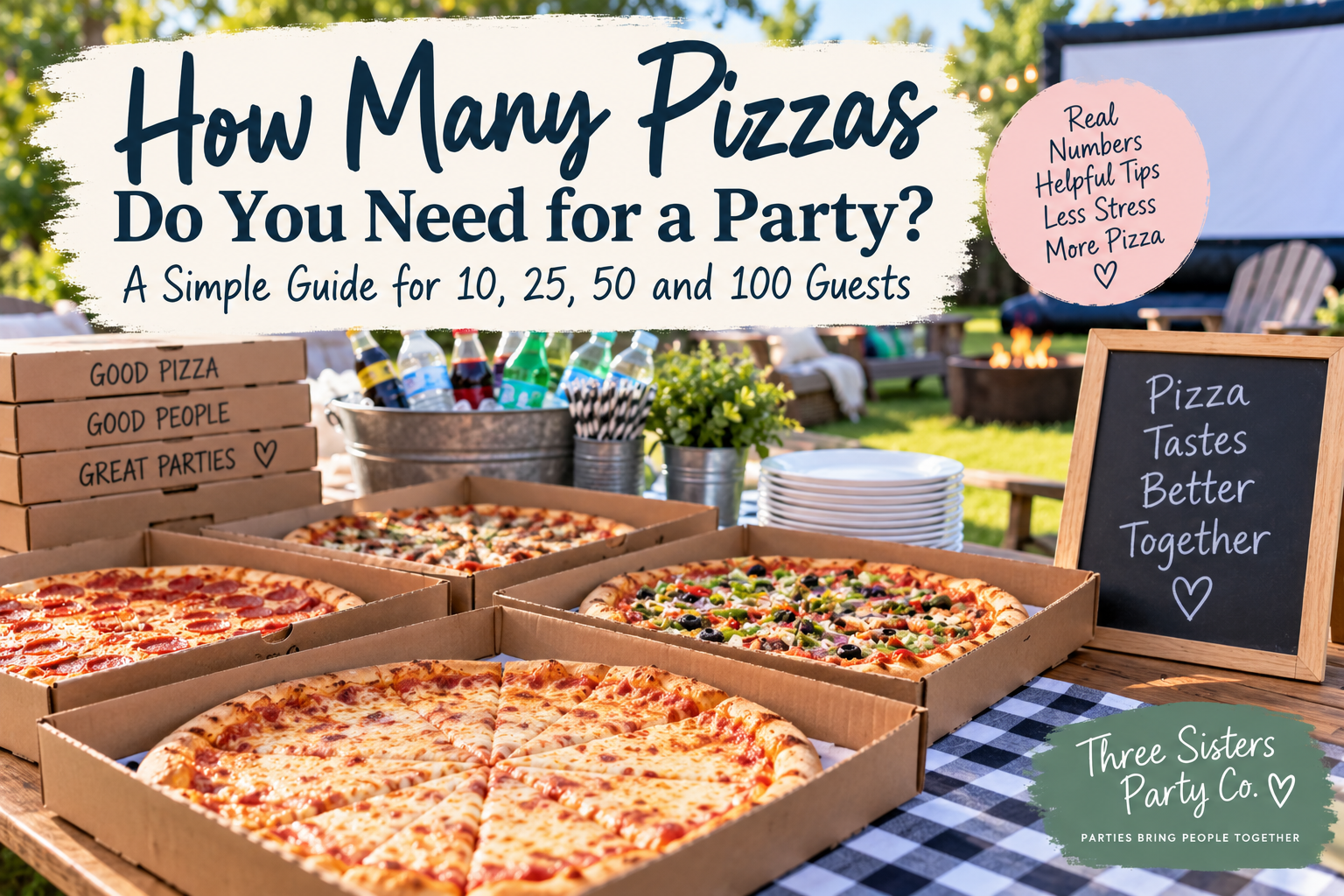 Open pizza boxes on a picnic table with a chalkboard sign reading Pizza Tastes Better Together at a backyard party
