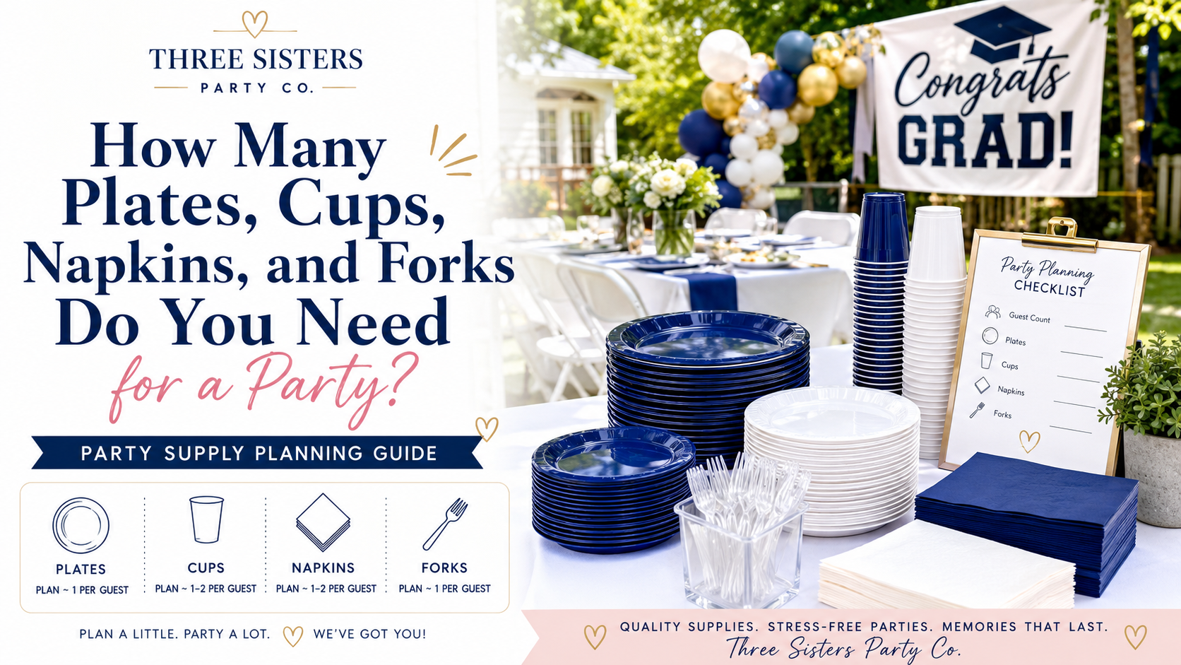 Party supply planning checklist graphic showing plates, cups, napkins, and forks with recommended quantities per guest