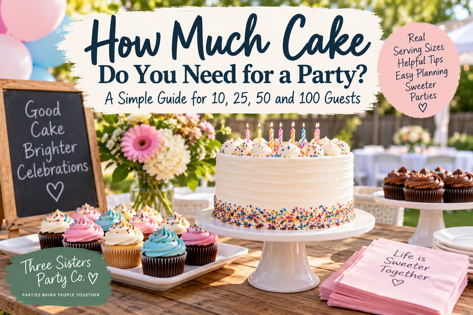 A decorated birthday cake with cupcakes and flowers on a dessert table at an outdoor party