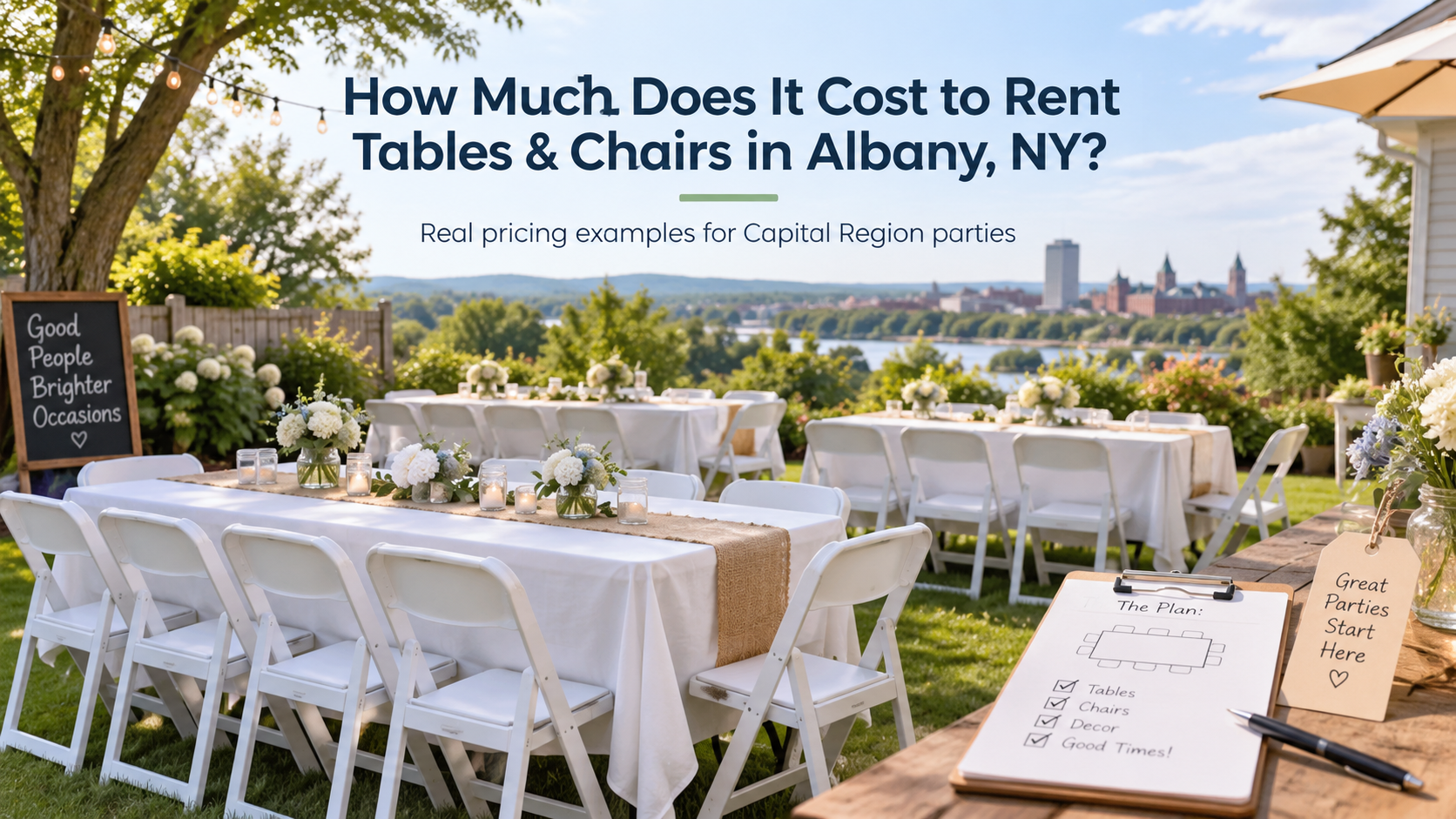 Backyard party setup with white folding chairs, six foot banquet tables, and an Albany skyline view.