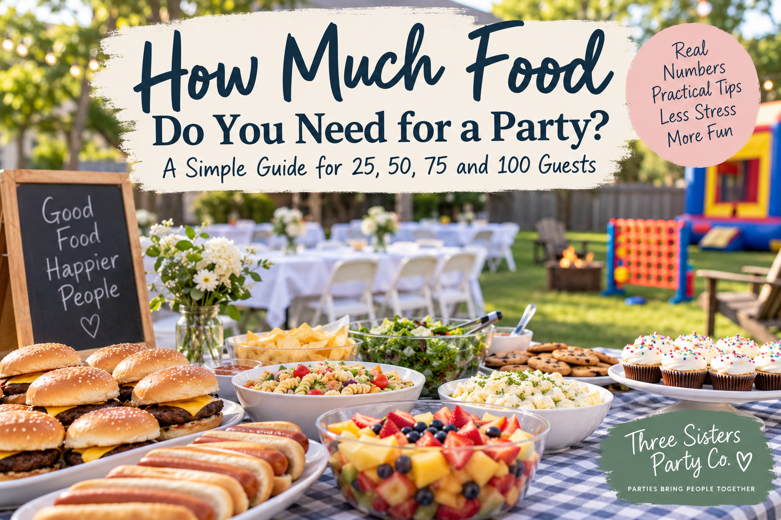 How much food do you need for a party, a simple guide for 25, 50, 75 and 100 guests, backyard buffet table with burgers, hot dogs, salads and desserts