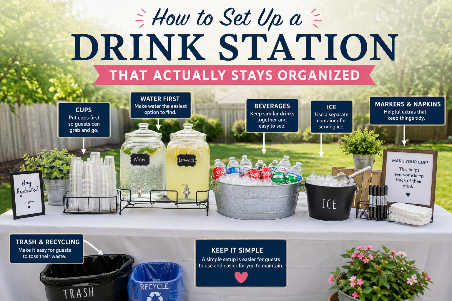 Organized backyard drink station on a white table with cups, water and lemonade dispensers, a beverage tub, an ice bucket, markers and napkins, plus trash and recycling bins nearby