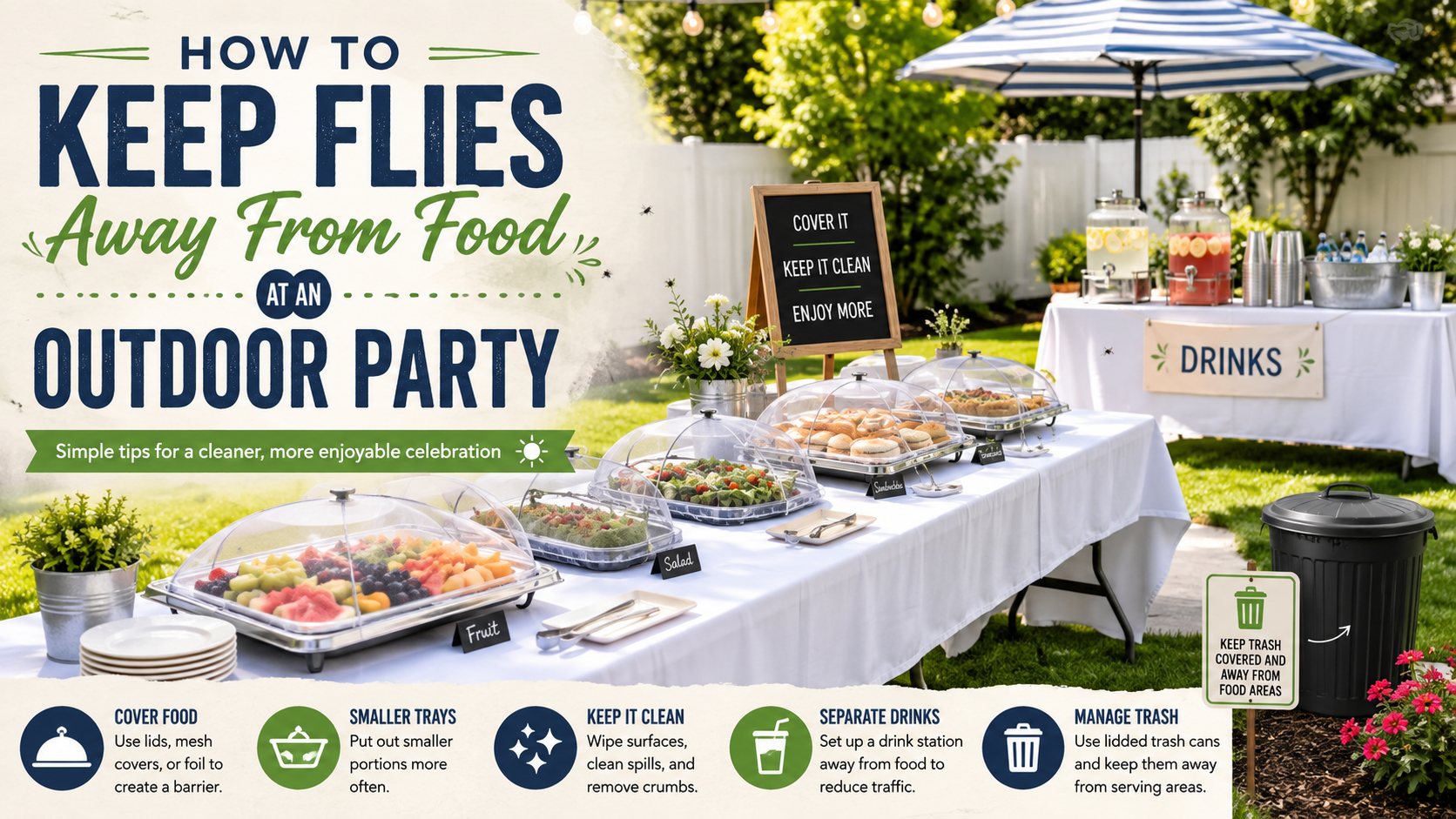 Outdoor buffet with food covers, drink station, and trash setup for a Capital Region backyard party