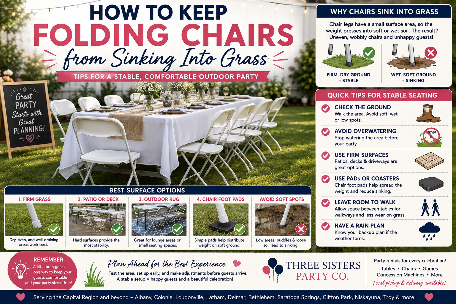 Infographic showing tips to keep folding chairs from sinking into grass at outdoor parties