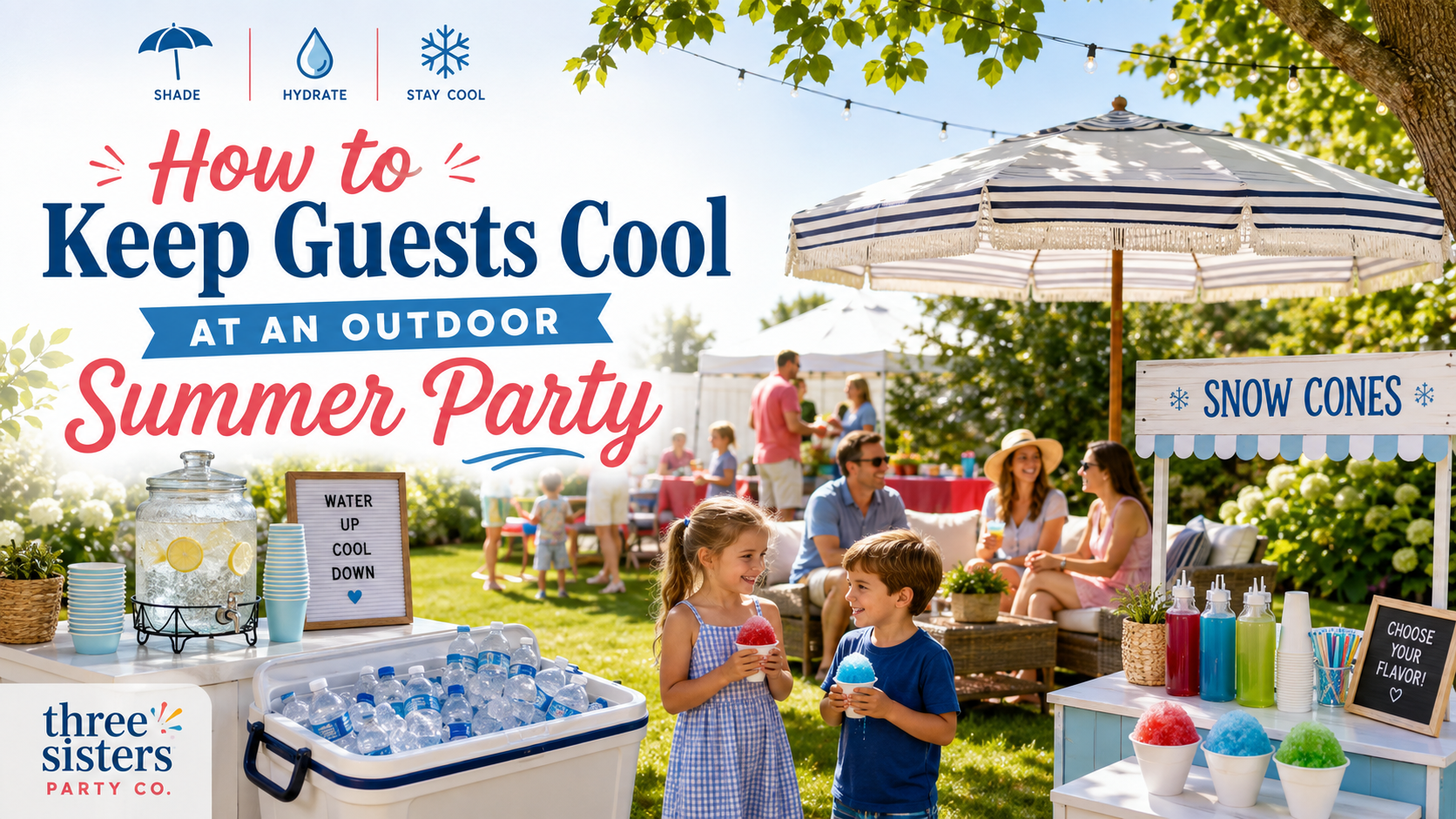 Backyard summer party with a shaded seating area, a self serve water station, coolers of bottled water, and a snow cone station