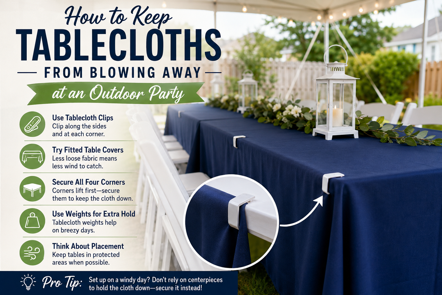 Infographic showing how to keep tablecloths from blowing away at an outdoor party with clips, fitted covers, secured corners, weights, and protected table placement