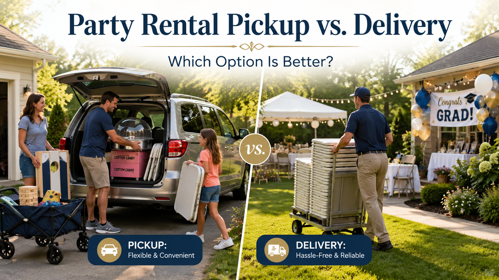 Split graphic comparing party rental pickup and delivery for Capital Region events, with a family loading a cotton candy machine into an SUV on one side and a delivery team bringing stacked tables to a decorated graduation party on the other.