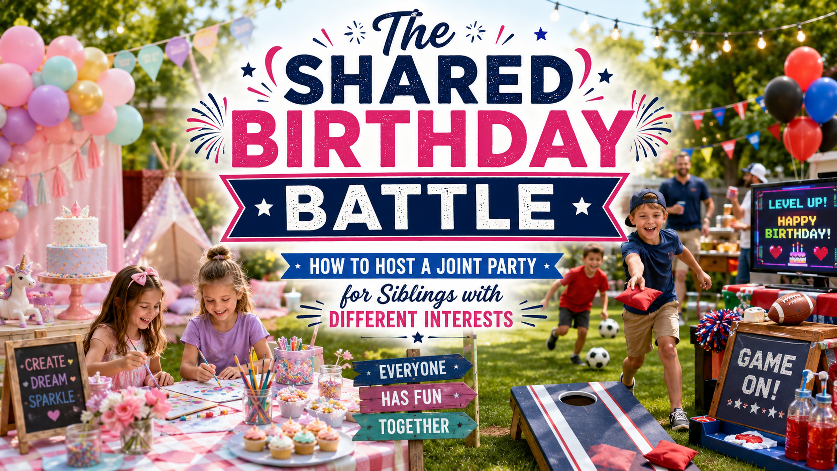 The Shared Birthday Battle joint sibling backyard party graphic with kids doing crafts and playing cornhole