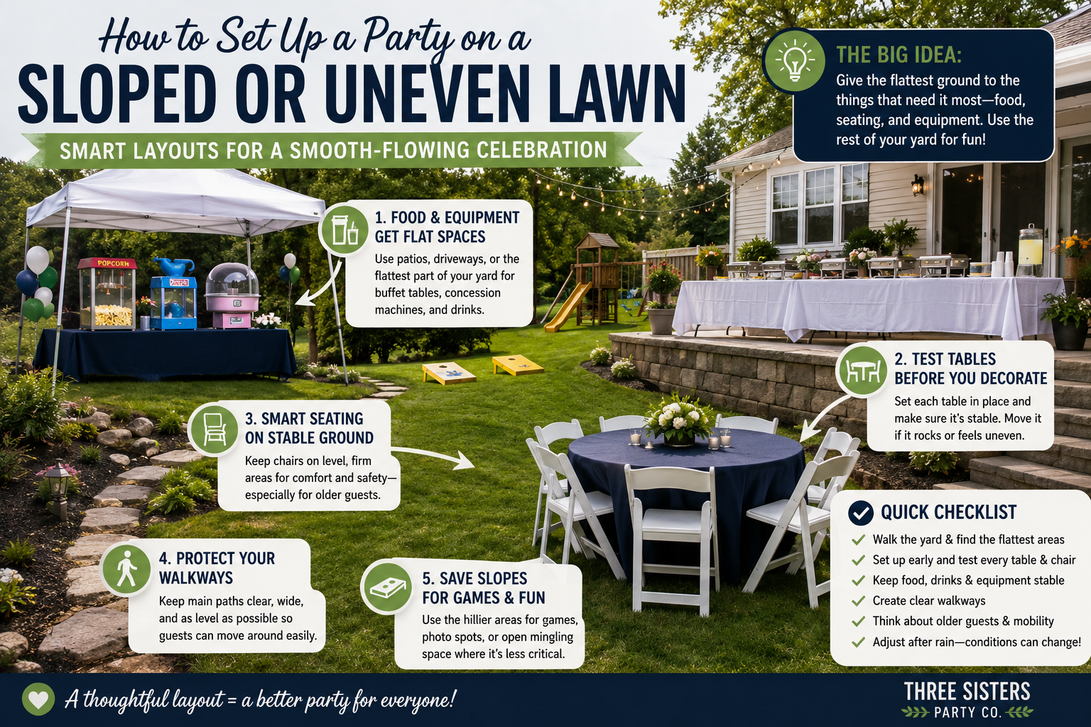Infographic showing how to set up a party on a sloped or uneven lawn with tables, chairs, and concession machines on the flattest ground