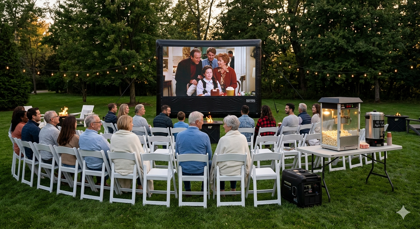 Backyard movie night with 20ft outdoor screen, white resin chairs in stadium arc, popcorn machine, and quiet generator in Saratoga Springs, NY