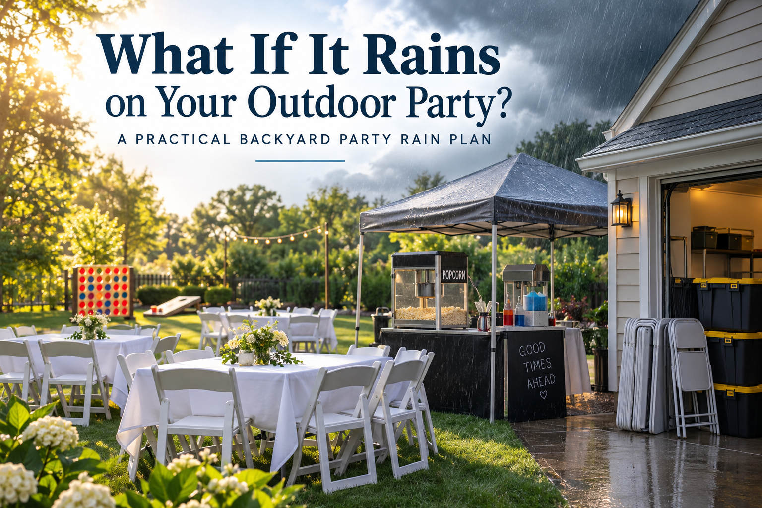 What if it rains on your outdoor party, a practical backyard party rain plan, backyard party setup in light rain with covered food station and stacked chairs