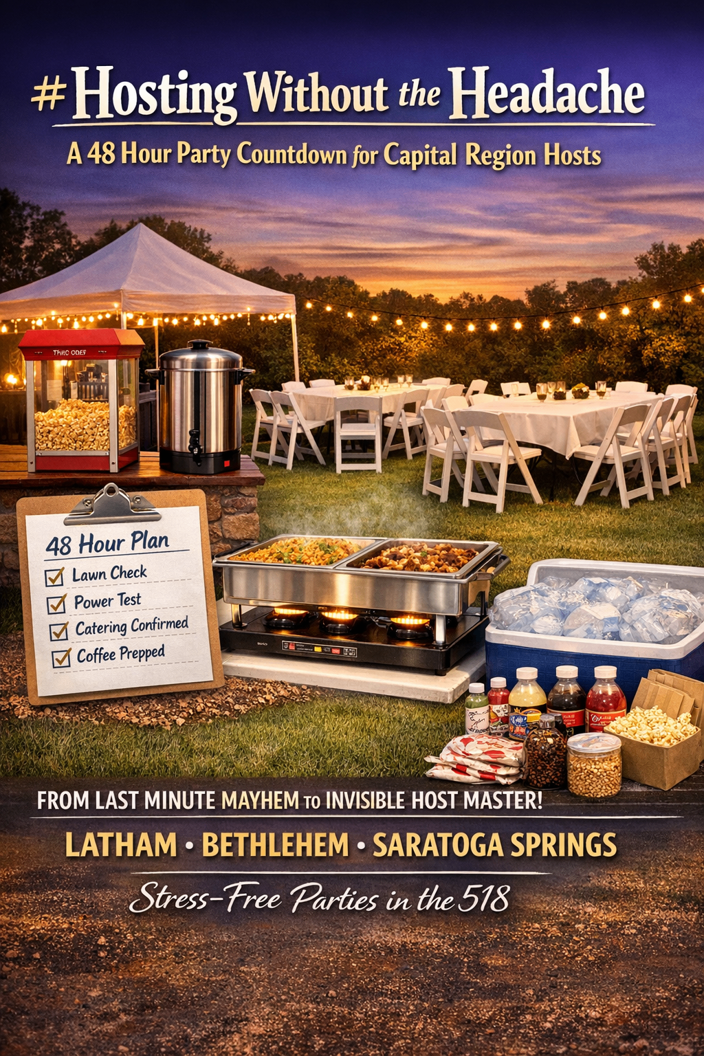Capital Region backyard party setup with professional chairs, coffee urn, and banquet tables creating an intimate hosting experience