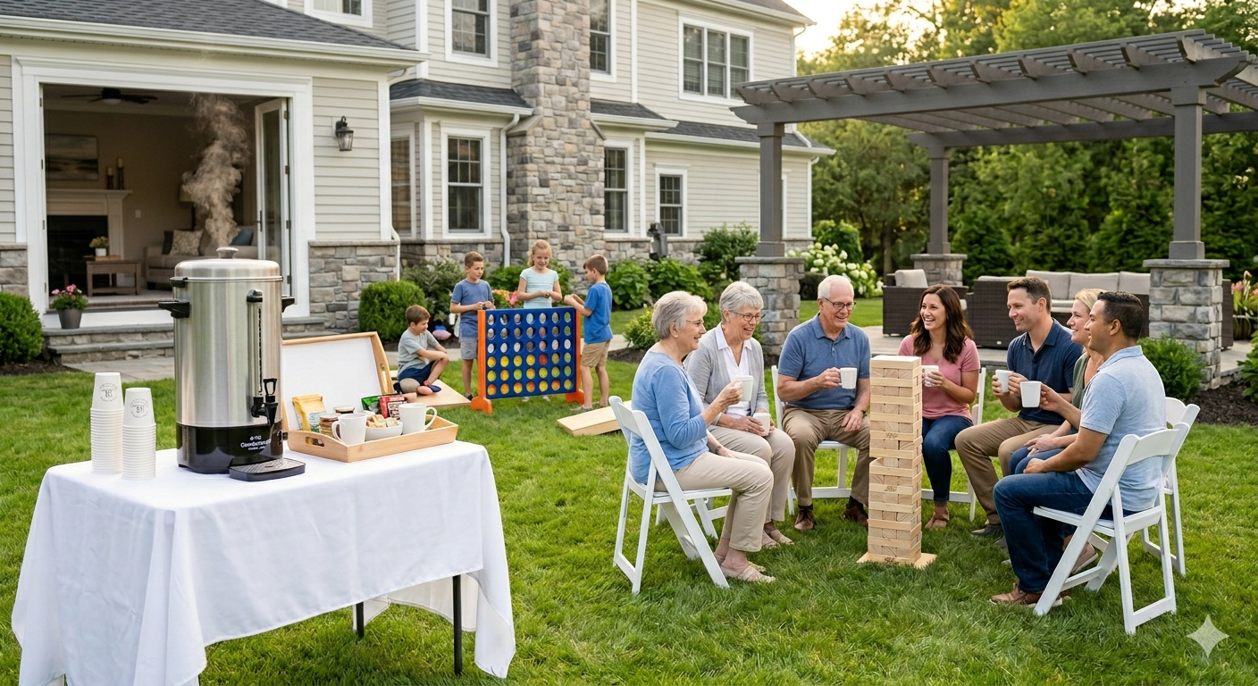Multi-generational family enjoying a graduation weekend in a Capital Region backyard with coffee urn, Giant Jenga, Connect Four, and white resin chairs