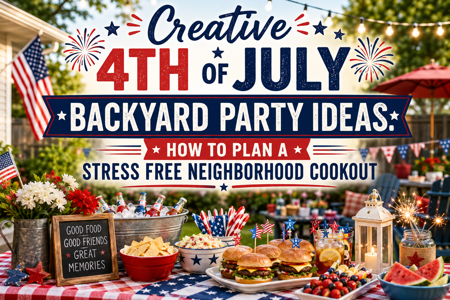 Festive 4th of July backyard cookout table with sliders, drinks, sparklers, and red, white, and blue decor in the Capital Region