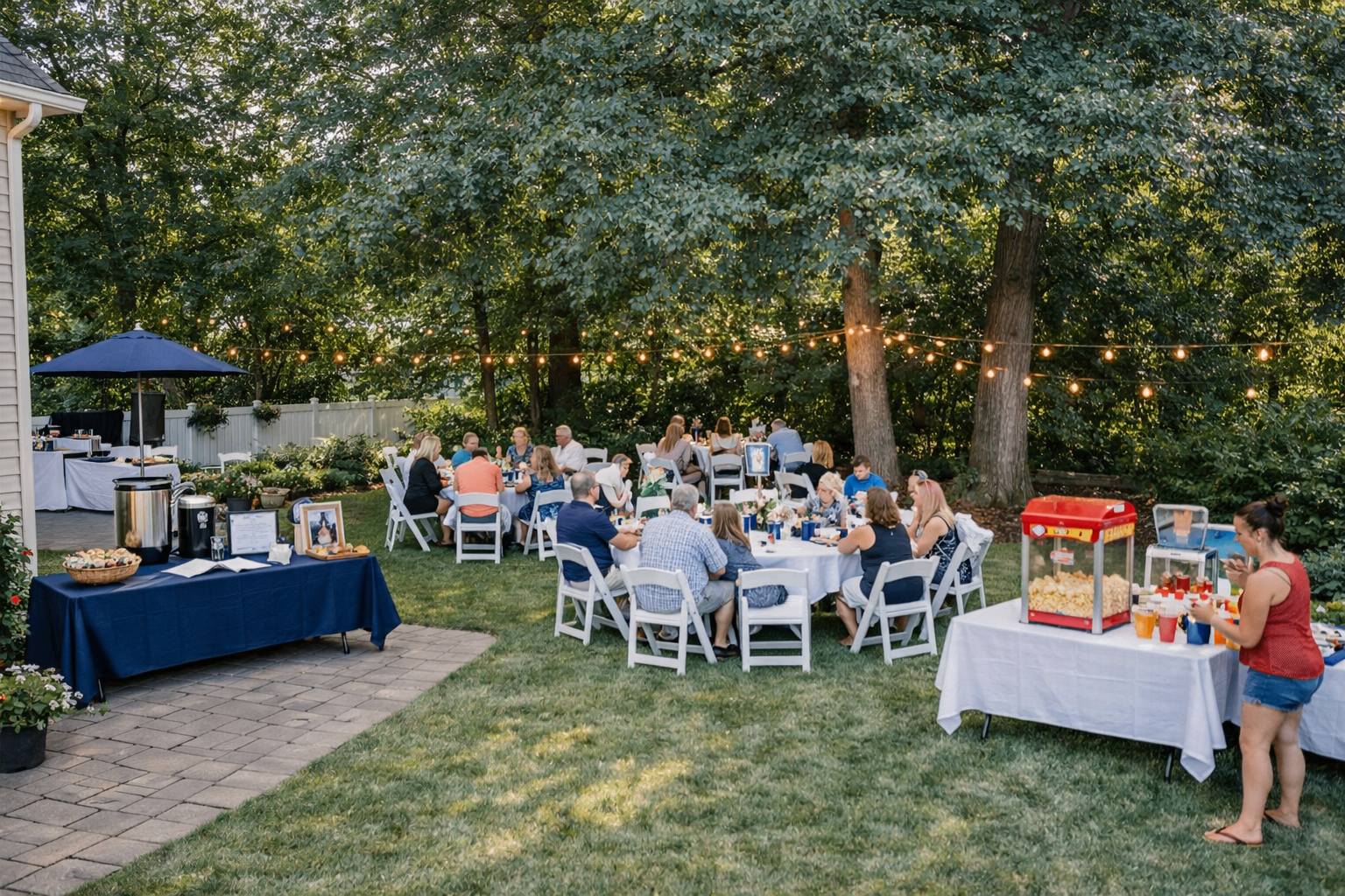 50 guest graduation party setup with white resin chairs, banquet tables, popcorn machine, and string lights in a backyard in Saratoga Springs, NY