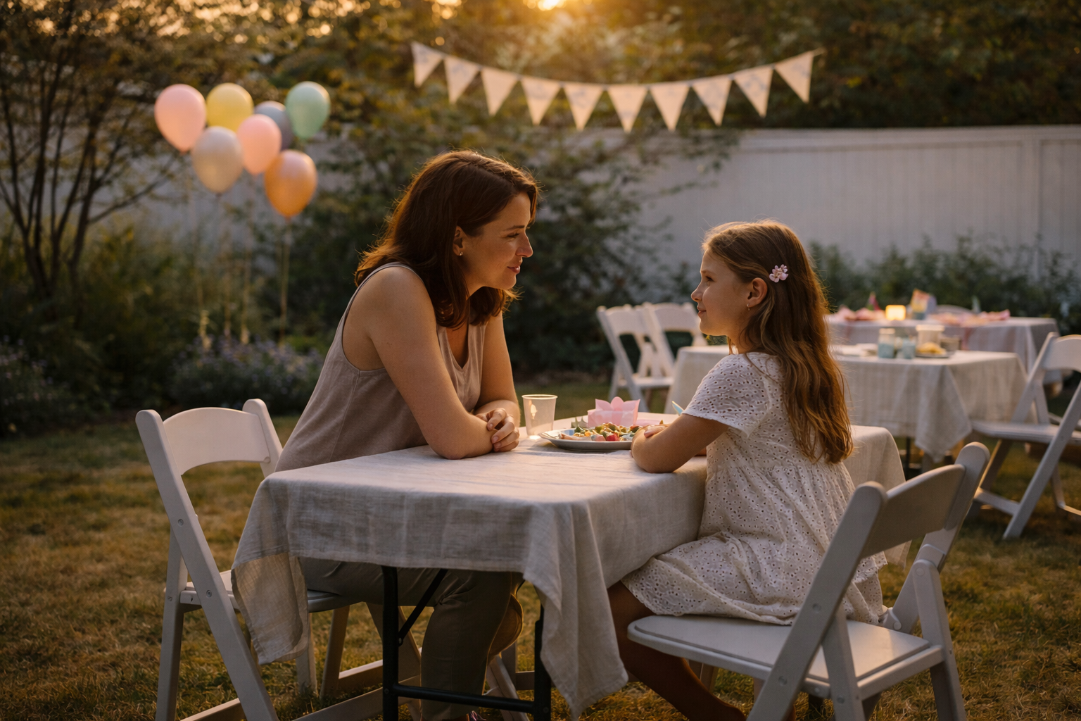 Parent and child sitting together in a quiet backyard after a birthday party has ended