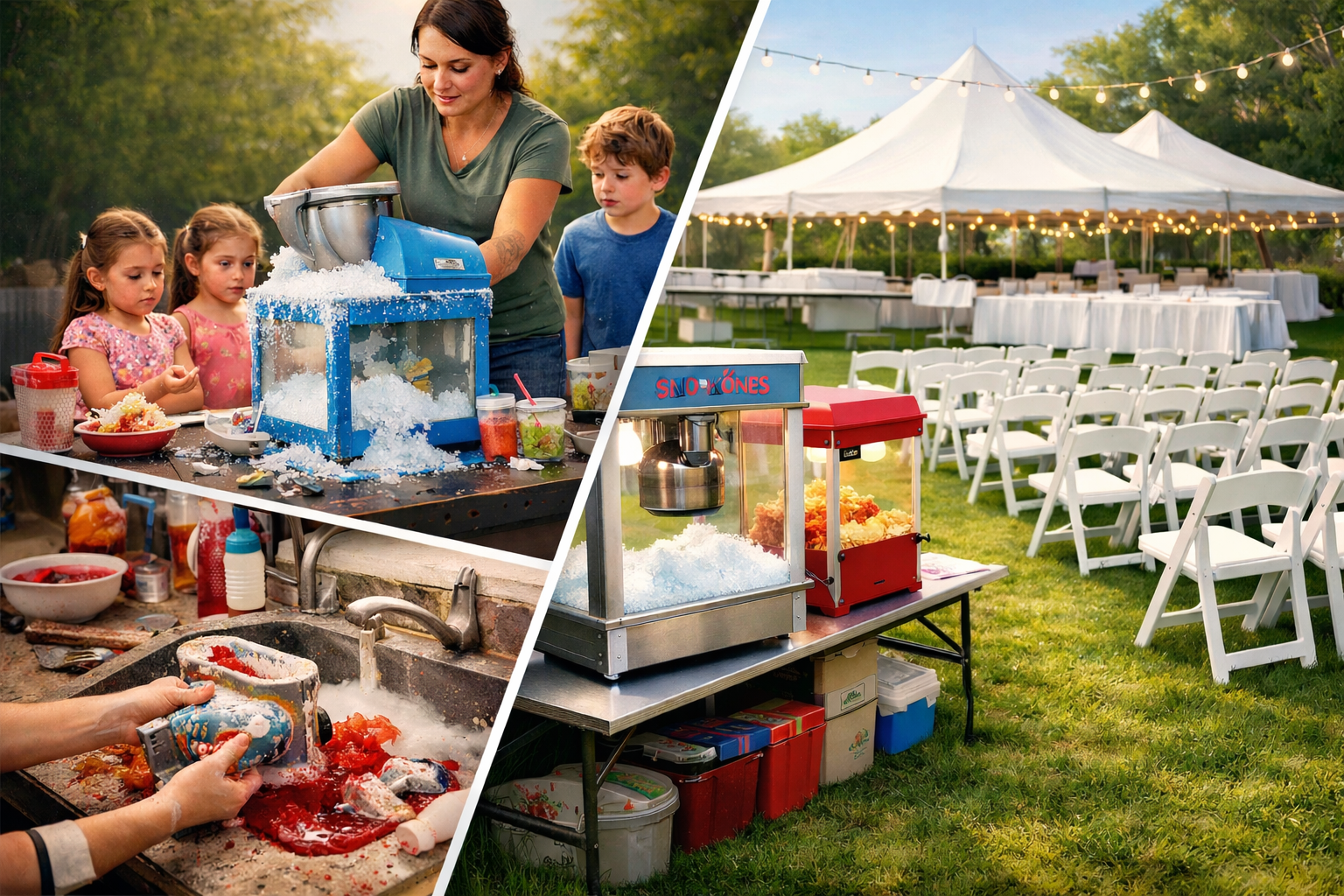 Comparison of cheap plastic snow cone machine mess versus professional commercial party equipment setup with white folding chairs and popcorn machine at a backyard event in Colonie, NY