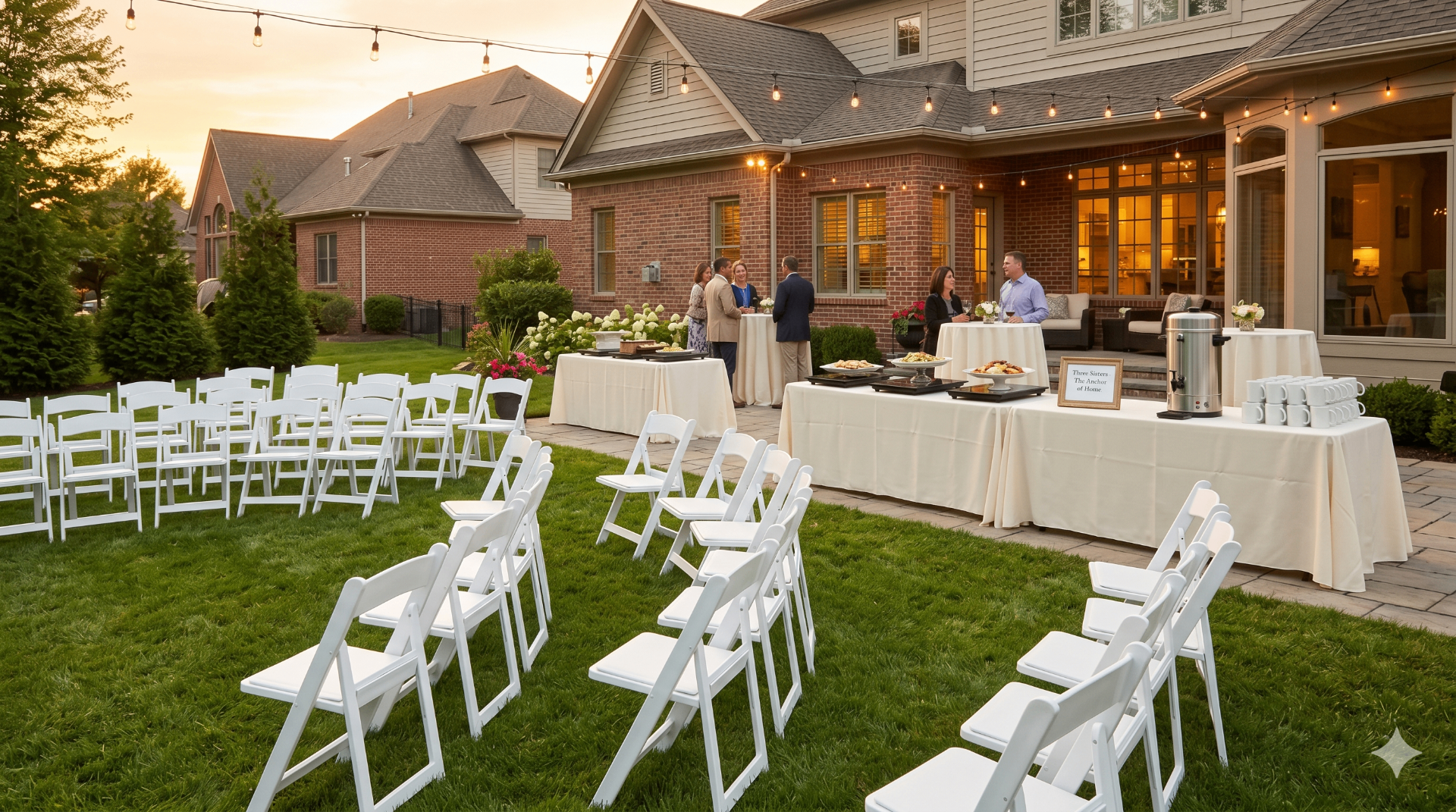 Backyard party setup at golden hour with white resin folding chairs, 6ft banquet tables in cream linens, warming station, and a 45 cup coffee urn outside a Capital Region home in Loudonville NY