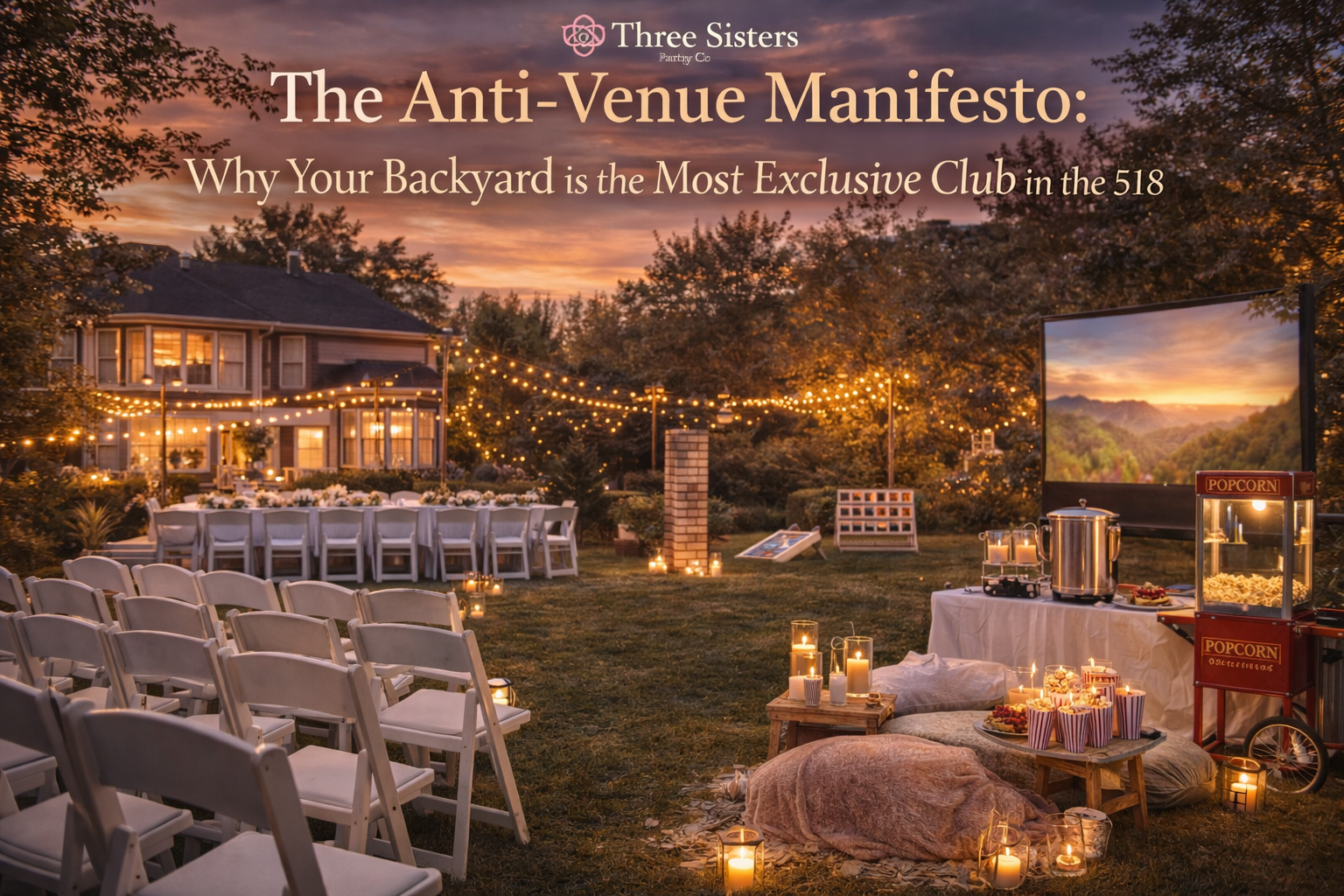 Backyard party setup with white resin chairs, outdoor movie screen, popcorn machine, and string lights at sunset in the Capital Region NY