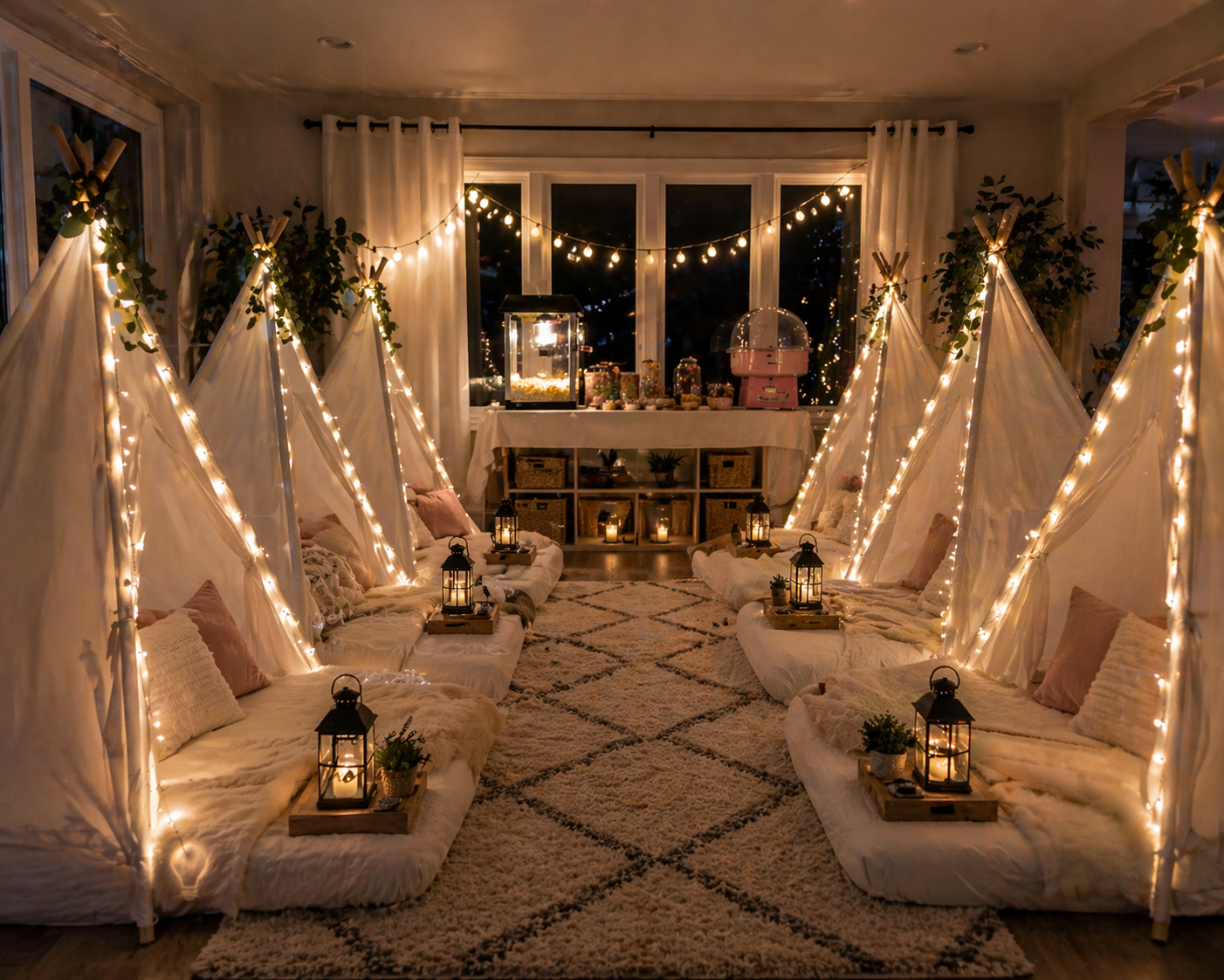 Indoor kids sleepover party with white teepee tents, fairy lights, soft bedding, and a popcorn and cotton candy station in the Capital Region NY