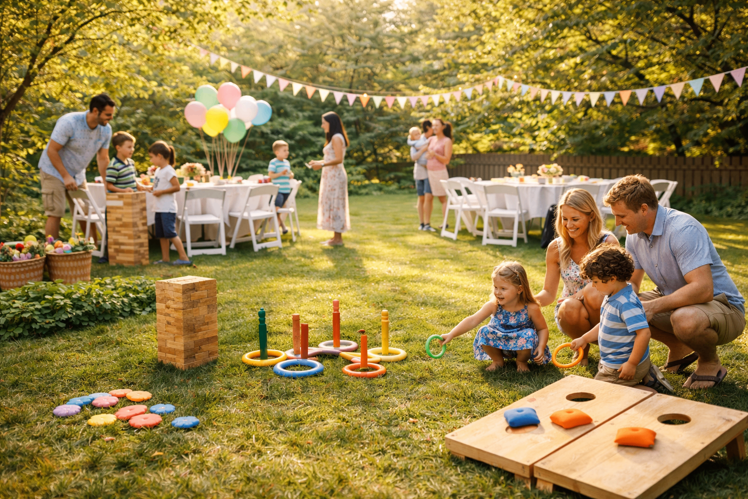 Families and children enjoying a backyard birthday party with lawn games, white tables and chairs, balloons, and warm morning sunlight in a suburban yard