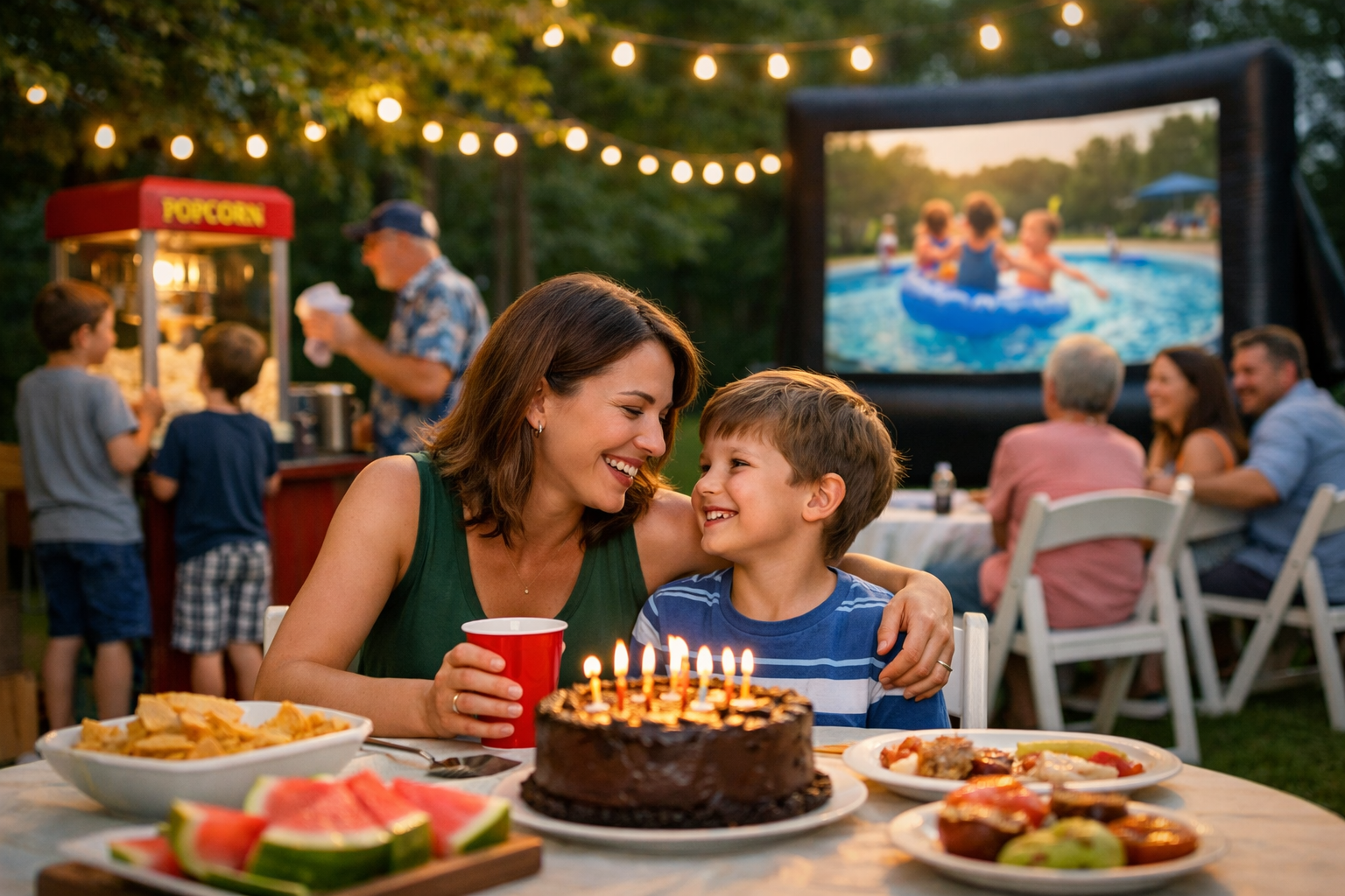 Mom enjoying her son's backyard birthday party with cake, popcorn machine, and white folding chairs in Colonie, NY