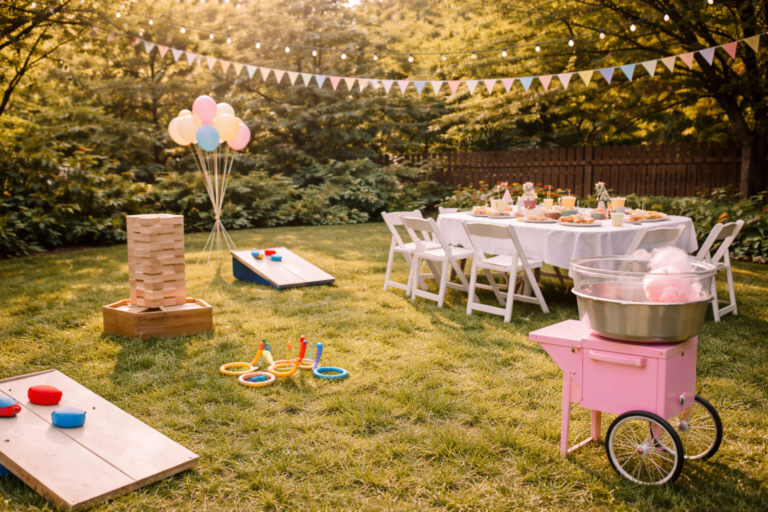 Backyard birthday party setup in warm morning sunlight with lawn games pastel balloons cotton candy machine and white folding chairs arranged around a table under string lights in Colonie NY