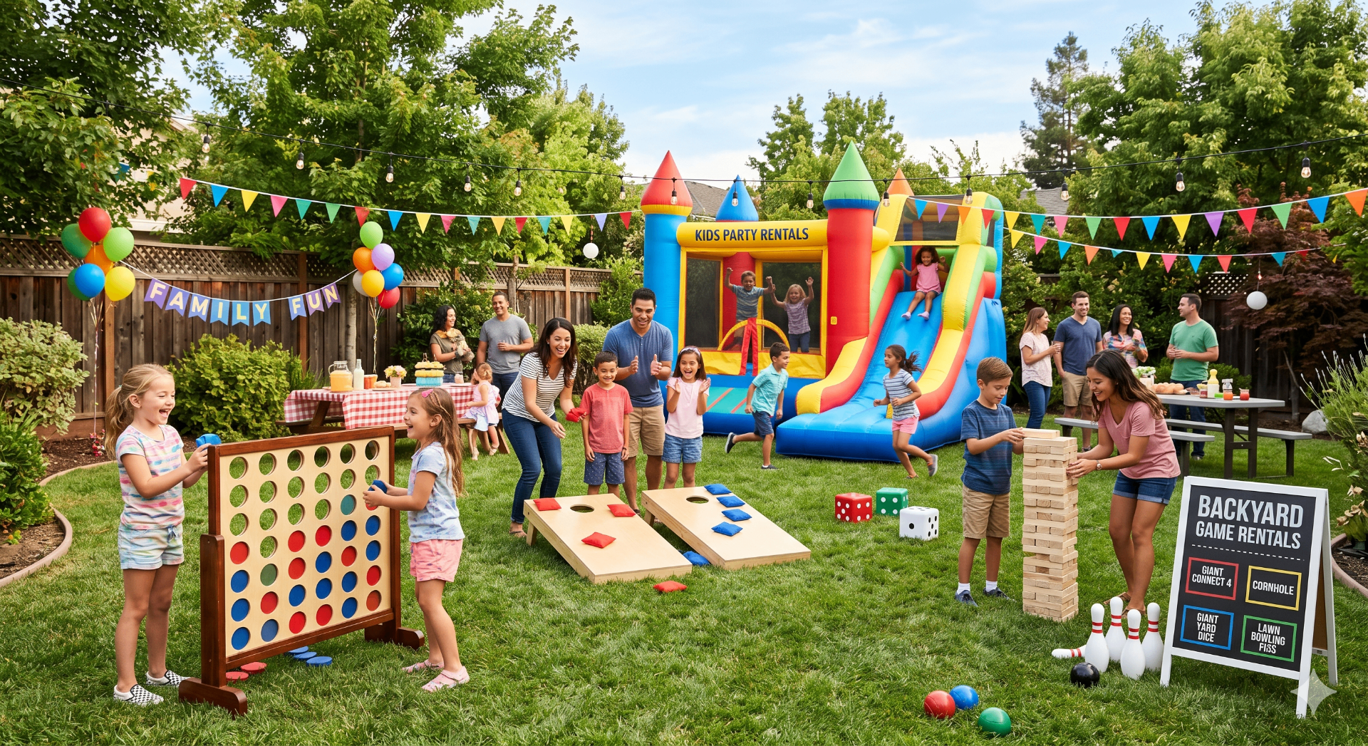 Capital Region families enjoying backyard game rentals including giant Connect 4, cornhole, giant Jenga, lawn bowling, and a bounce house at a kids party