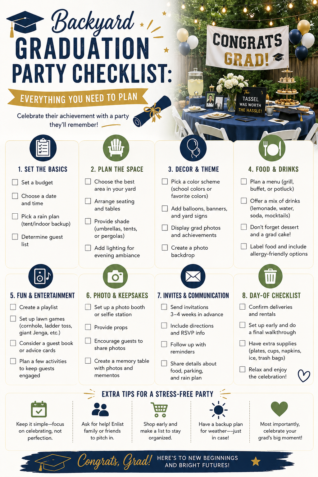 Backyard graduation party checklist infographic with 8 planning steps and extra tips for Capital Region hosts
