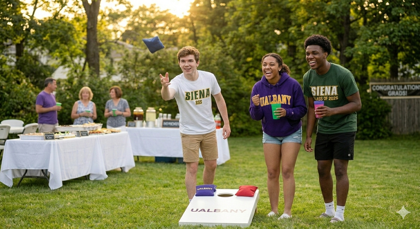 College graduates in Siena and UAlbany gear playing Cornhole at a backyard graduation party in Colonie, NY during golden hour, with a buffet table and older family members chatting in the background