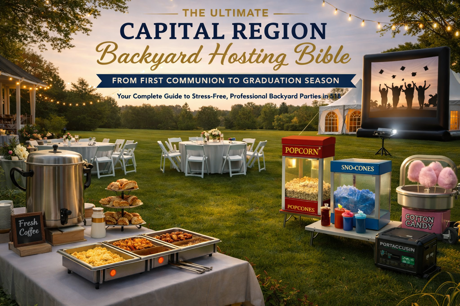 Ultimate Capital Region backyard party setup featuring commercial coffee urn, popcorn machine, snow cone station, cotton candy maker, warming trays, white resin chairs, and outdoor movie screen for graduation and communion celebrations in Colonie, NY