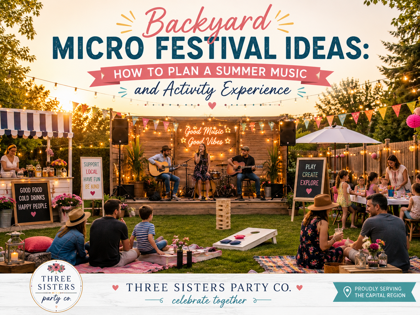 A vibrant summer backyard micro festival scene with lounge seating, yard games, and concession stations on a manicured lawn in the Capital Region.