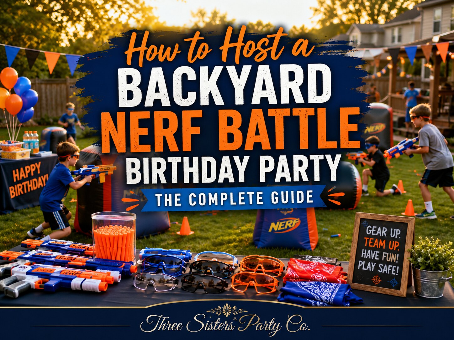 Backyard Nerf battle birthday party with kids in safety goggles, inflatable bunkers, blasters, foam darts, and Three Sisters Party Co. setup in the Capital Region