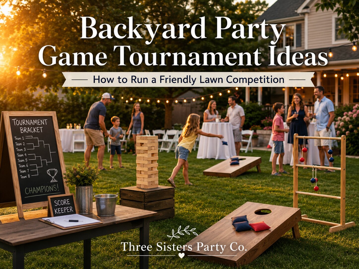 Backyard party game tournament setup with cornhole, giant Jenga tumble tower, ladder toss, and tournament bracket chalkboard at a Capital Region home