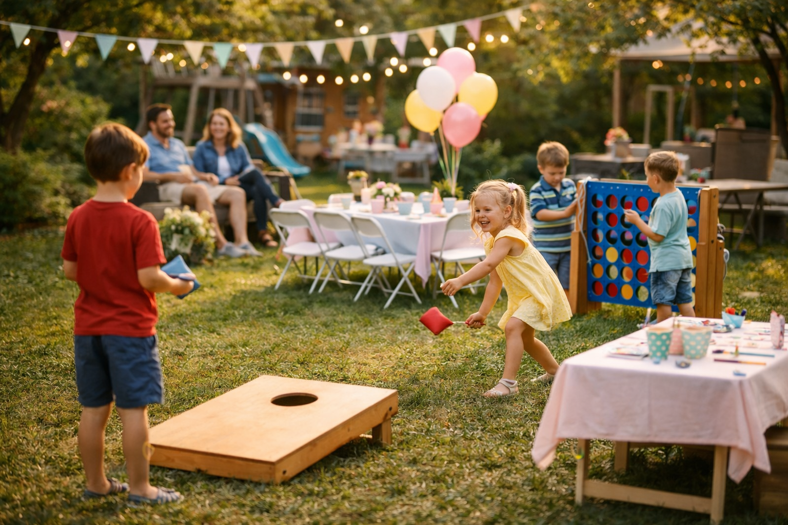 Kids playing together at a backyard birthday party with simple outdoor activities in Colonie, NY