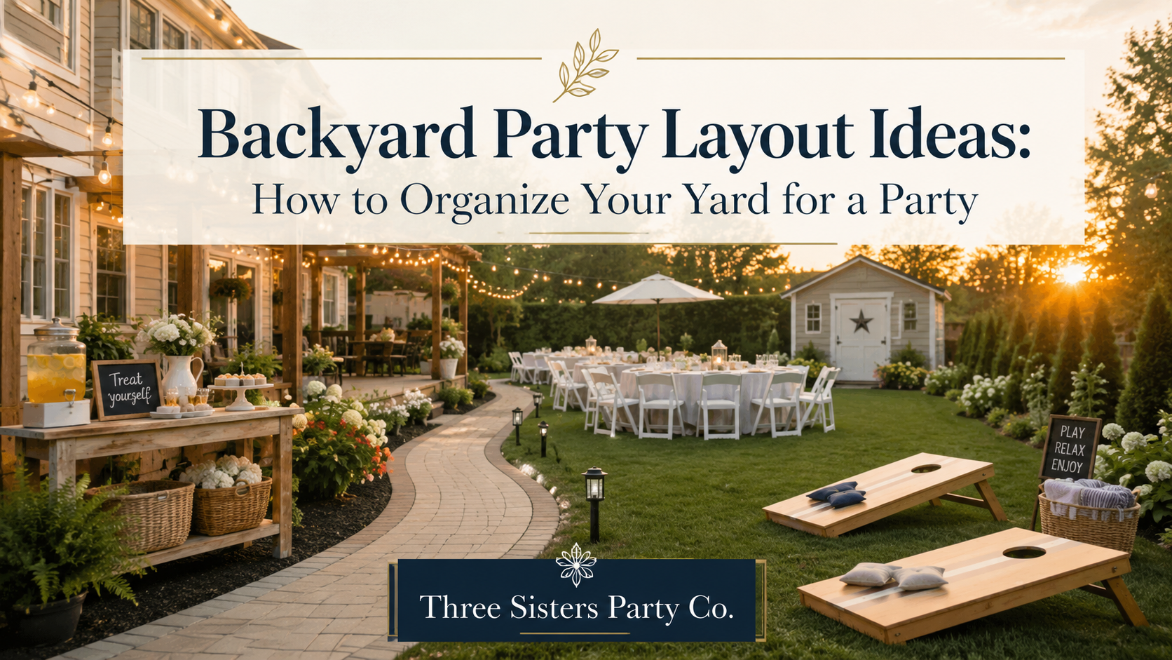 Backyard party layout with seating, treat station, and lawn games in a Capital Region yard