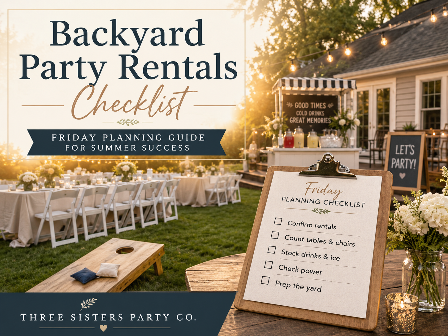 Backyard party rentals checklist Friday planning guide for Capital Region summer success with white folding chairs, tables, cornhole, and beverage station at golden hour