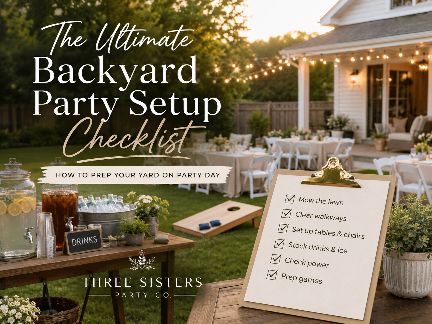 The Ultimate Backyard Party Setup Checklist by Three Sisters Party Co. with tables, chairs, drinks station, and cornhole set up in a Capital Region backyard